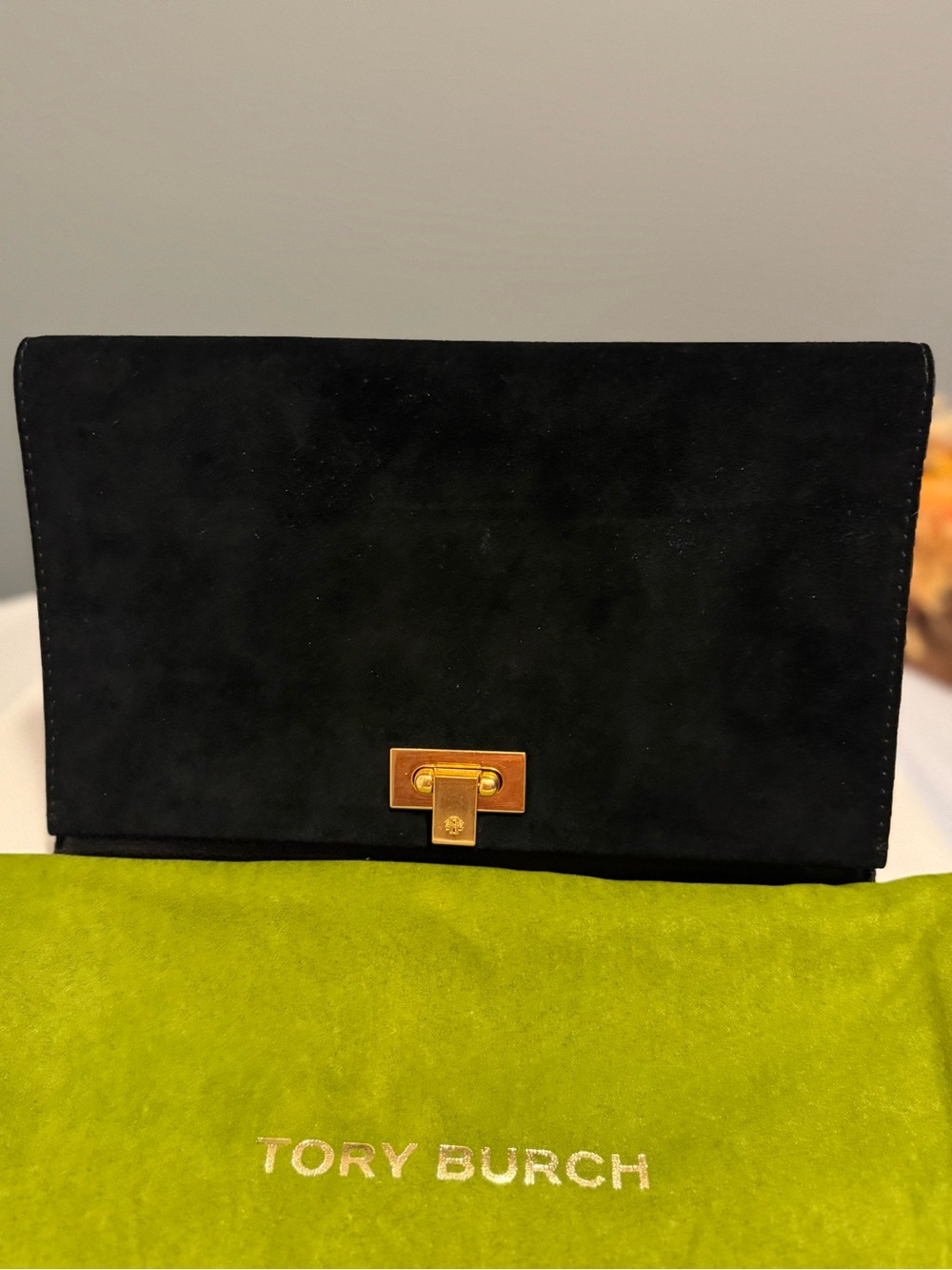 NWT Tory Burch Carmen Black Suede Clutch Gold Hardware 42106 Dust Bag Tags
